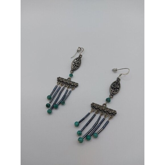 Boho 3.5" Dangle Earrings With Turquoise Beads 70s vintage - Picture 6 of 6
